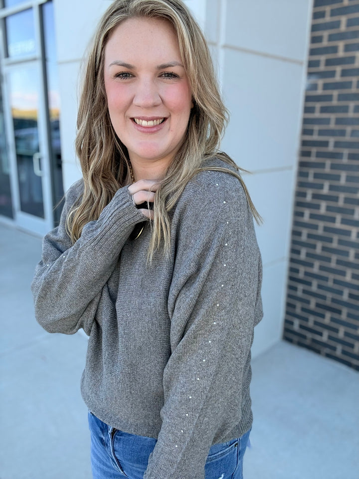 Taupe Wide Boat Neck Studded Sweater