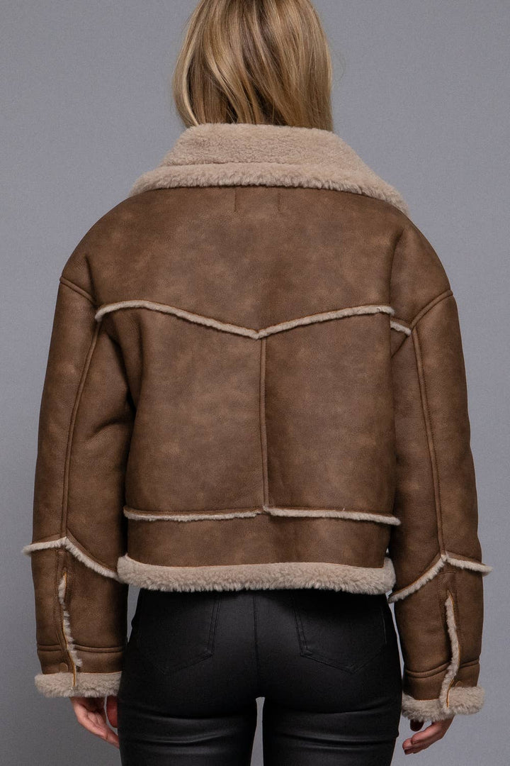 Chestnut Faux Leather Fur Trim Jacket