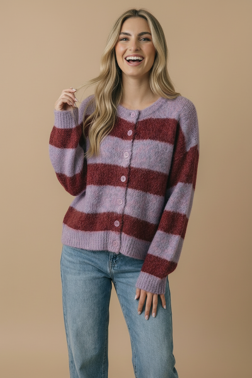Fluffy Stripe Cardigan: Burgundy/Lavender