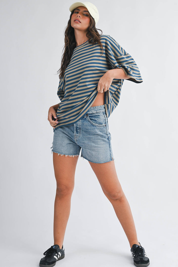 Tan/Blue Oversized Stripe Boyfriend Tee