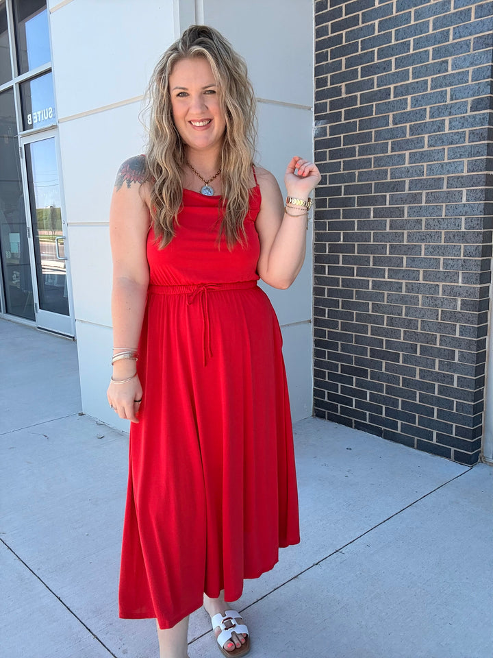 Red Cowl Neck Midi Dress
