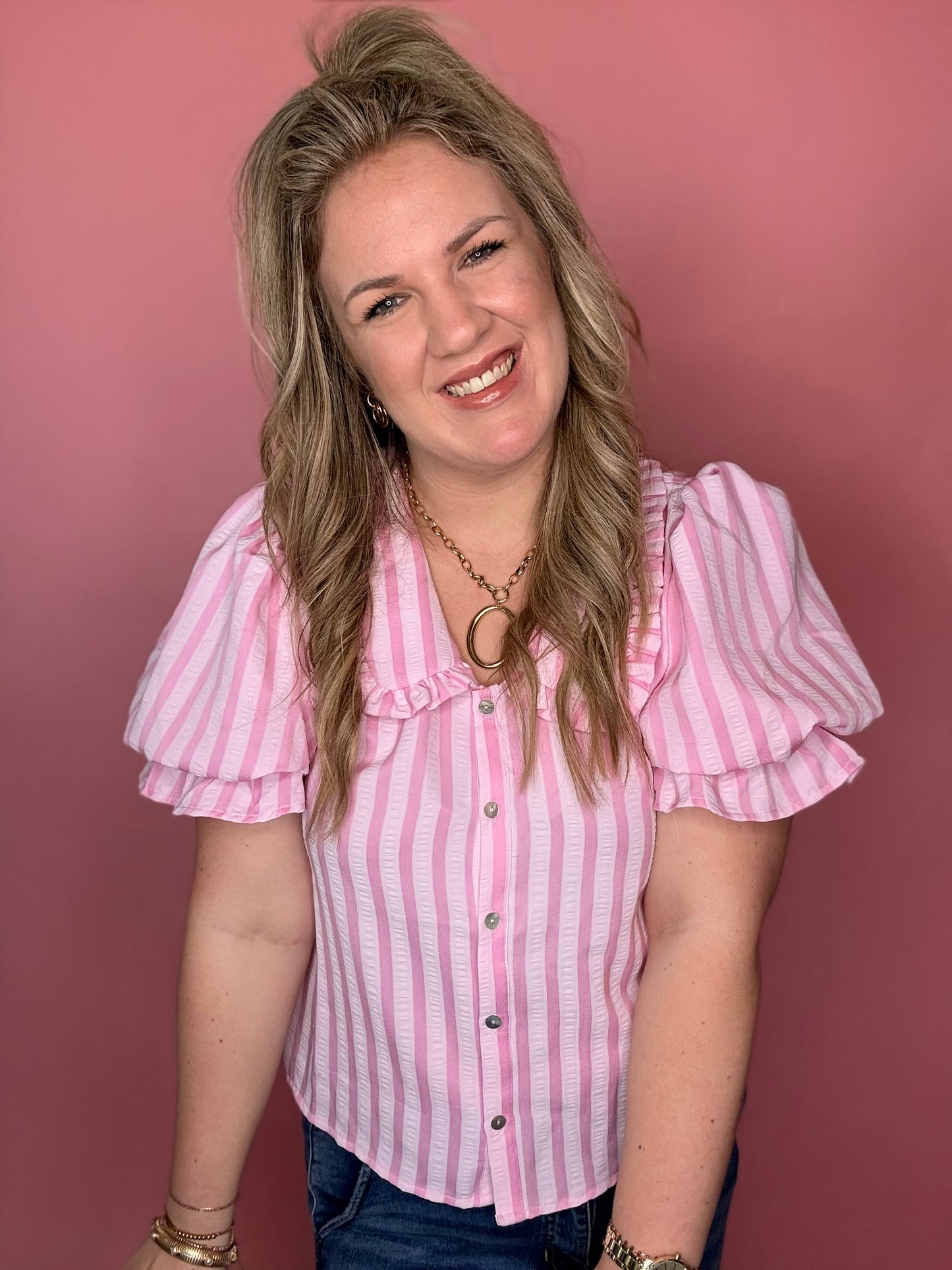 Pink Peter Pan Collar Striped Blouse