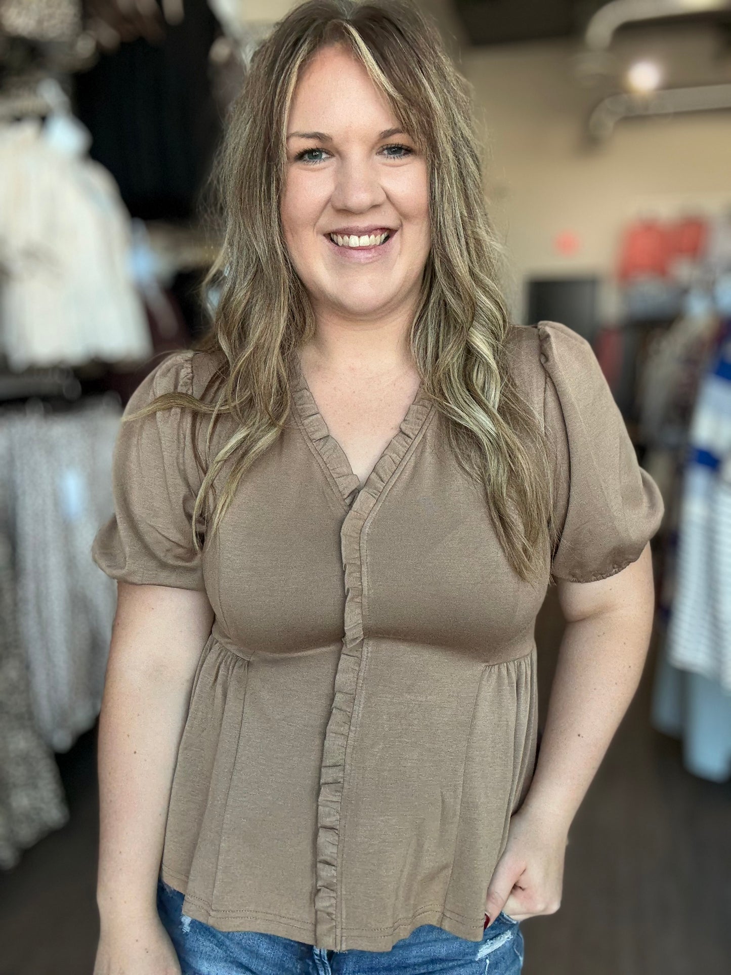 Mocha Ruffle Neck/Front Top
