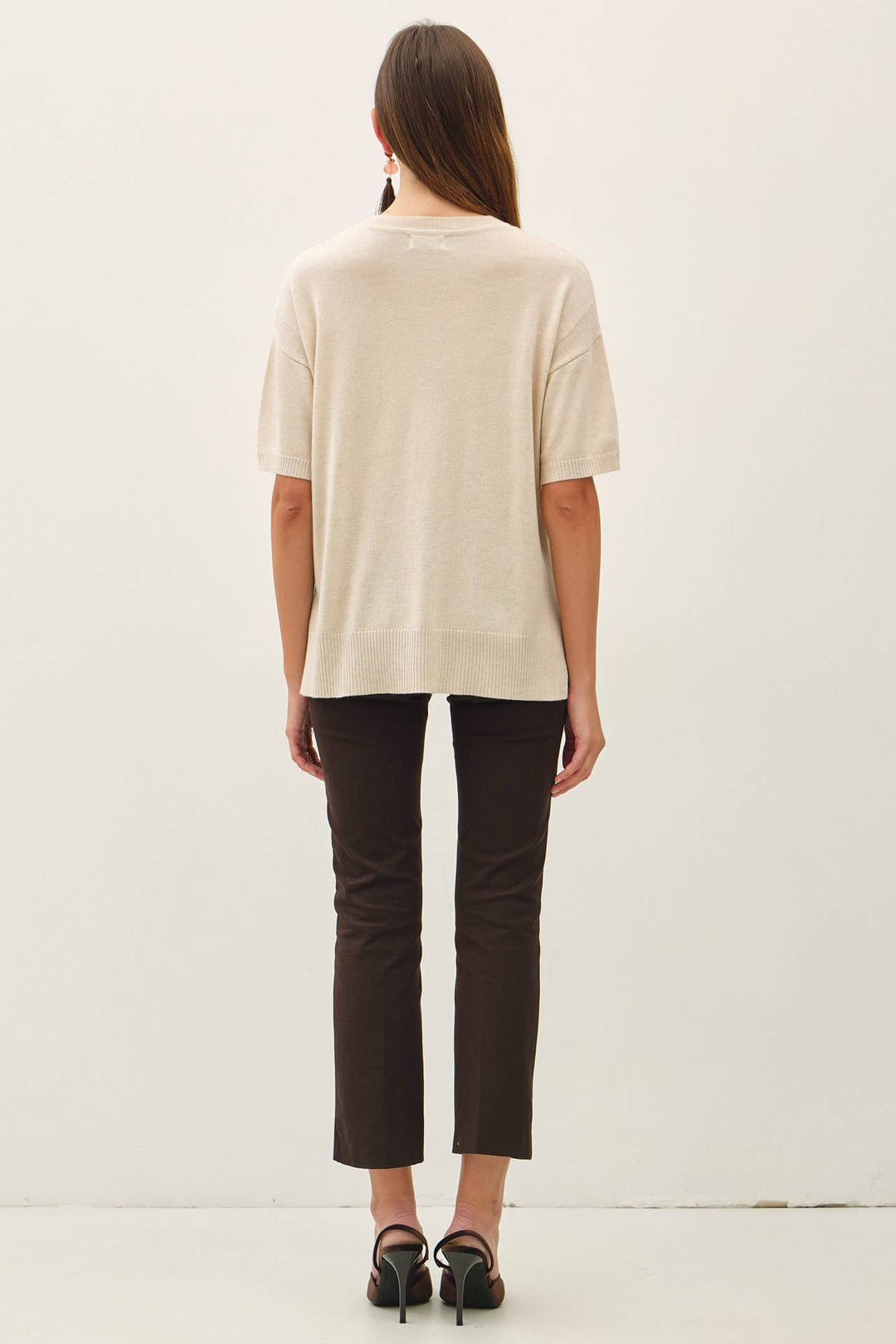 WOOL BLENED BOXY FIT SHORT SLEEVE SWEATER TOP : OATMEAL / L