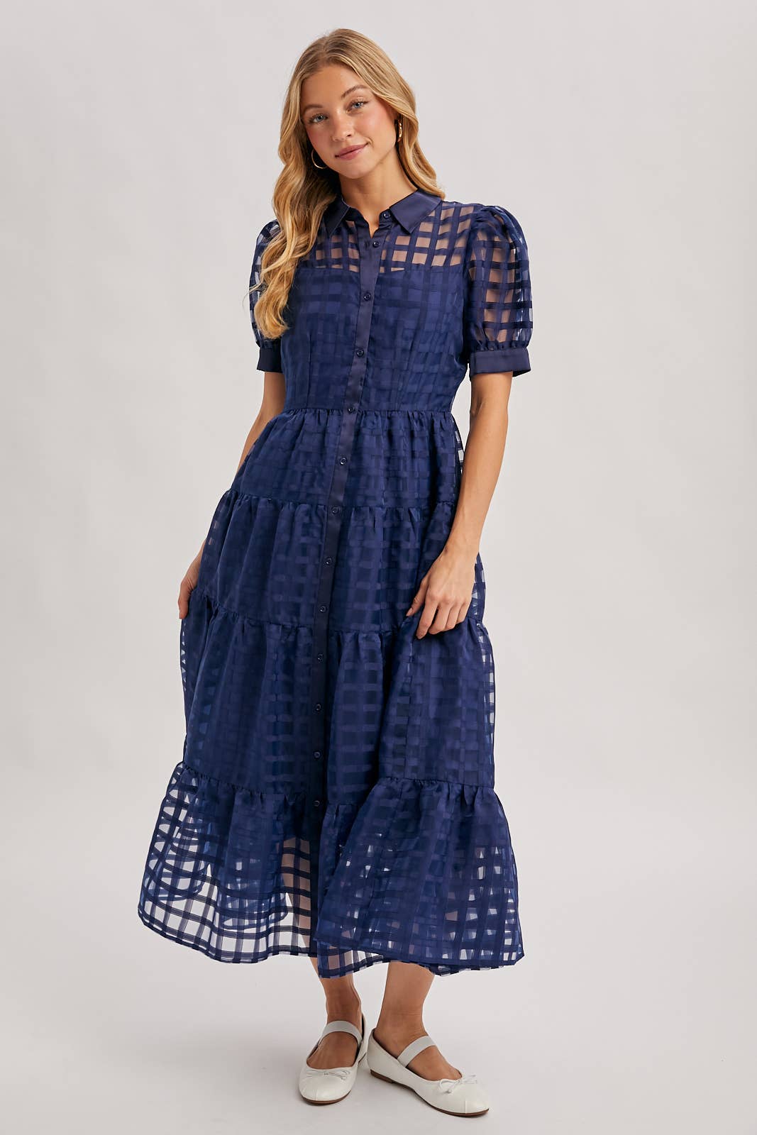 Navy Gridded Maxi Dress