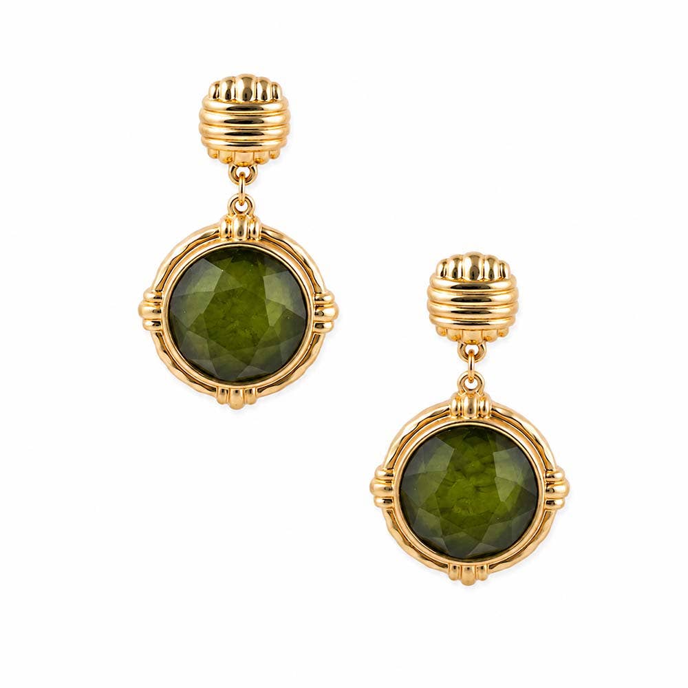 Gold Textured Circle with Green Stone Earring