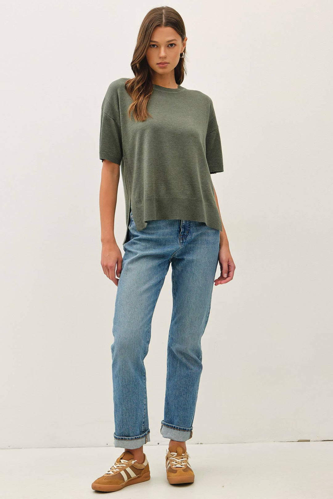 WOOL BLENED BOXY FIT SHORT SLEEVE SWEATER TOP : OATMEAL / L