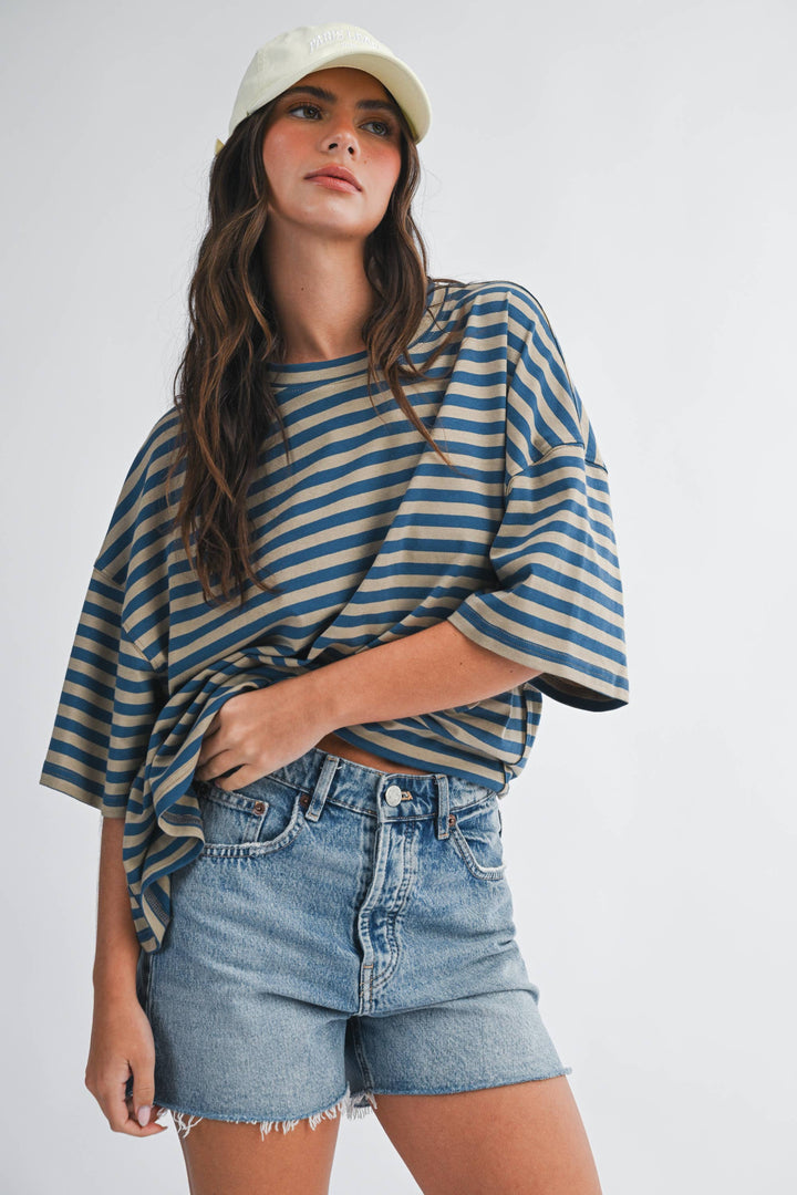 Tan/Blue Oversized Stripe Boyfriend Tee