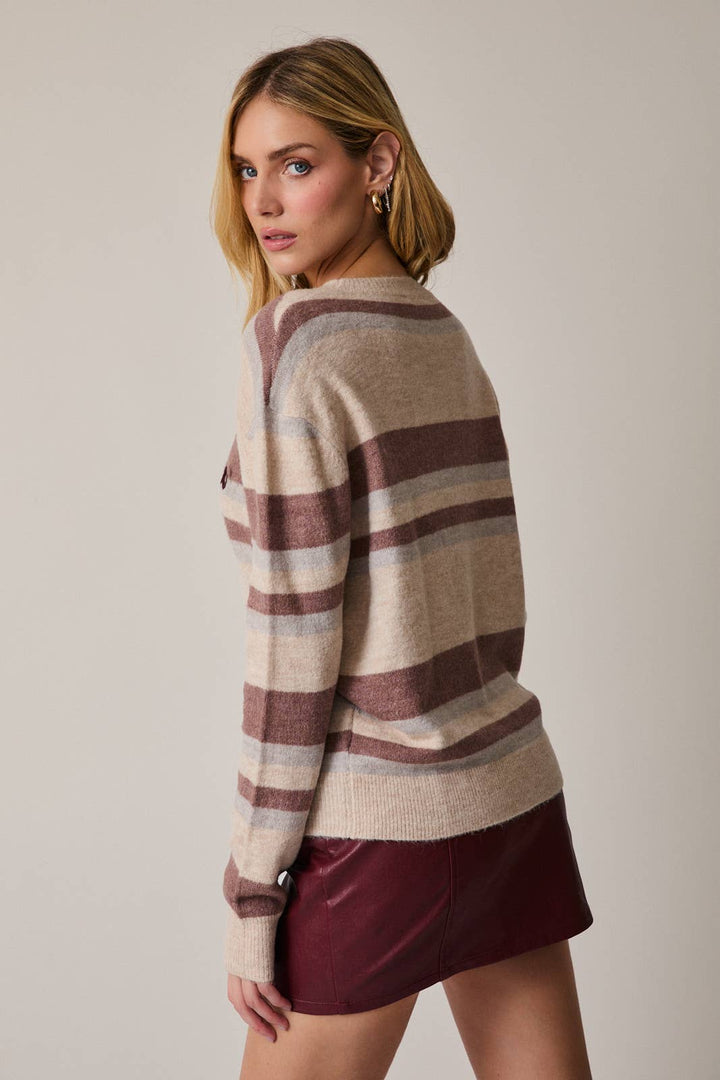CREW NECK LONG SLEEVE "HOHOHO" STRIPE SWEATER: MAUVE-MULTI STRIPE / S