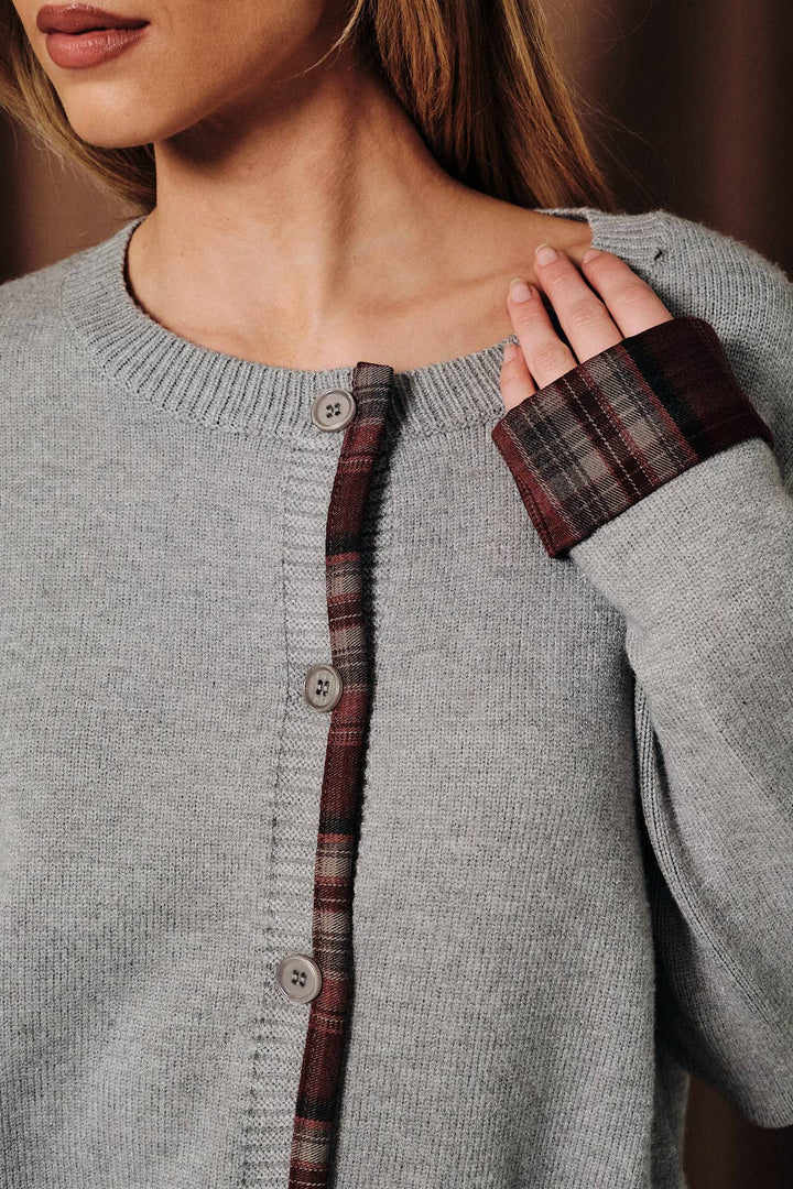 Plaid Contrast Trim Crew Neck Knit Sweater Cardigan: H GREY / M