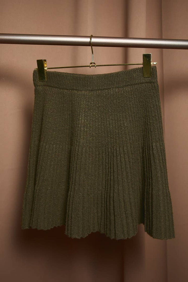 High Waist Ribbed Knit Flared Flounce Mini Skirt: OLIVE / M