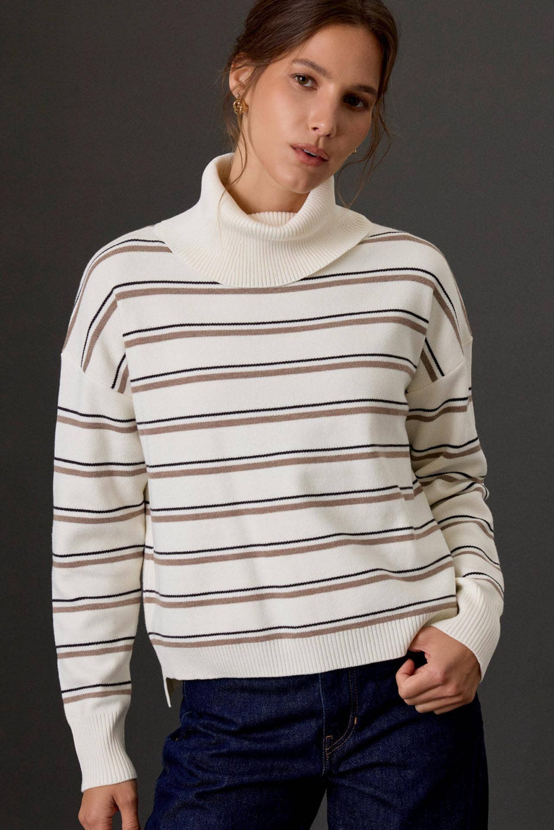 PREPPY STRIPED TURTLENECK BOXY SWEATER : MOCHA / SM