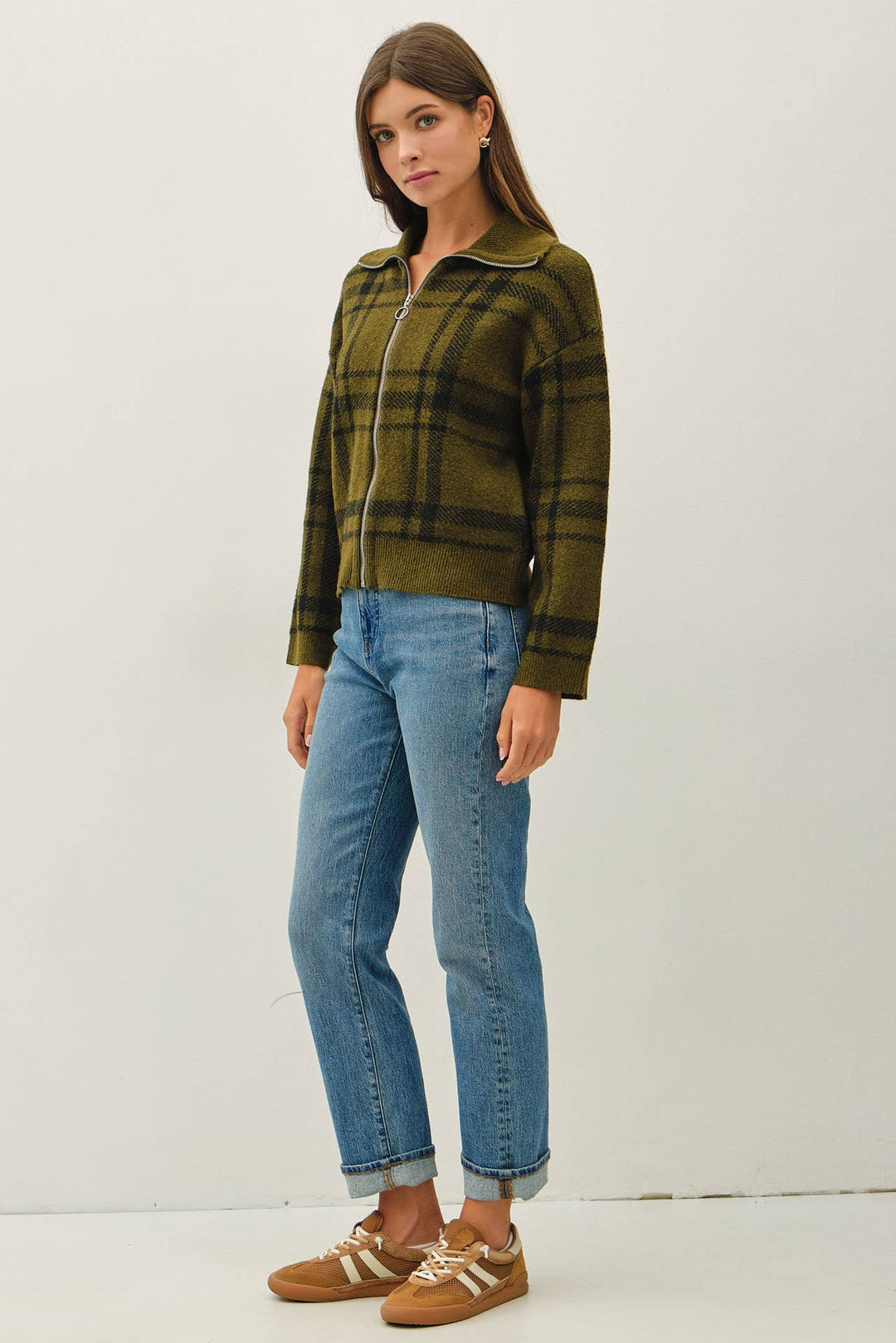 PLAID CHECK HIGH NECK COLLAR SWEATER JACKET: OLIVE / S