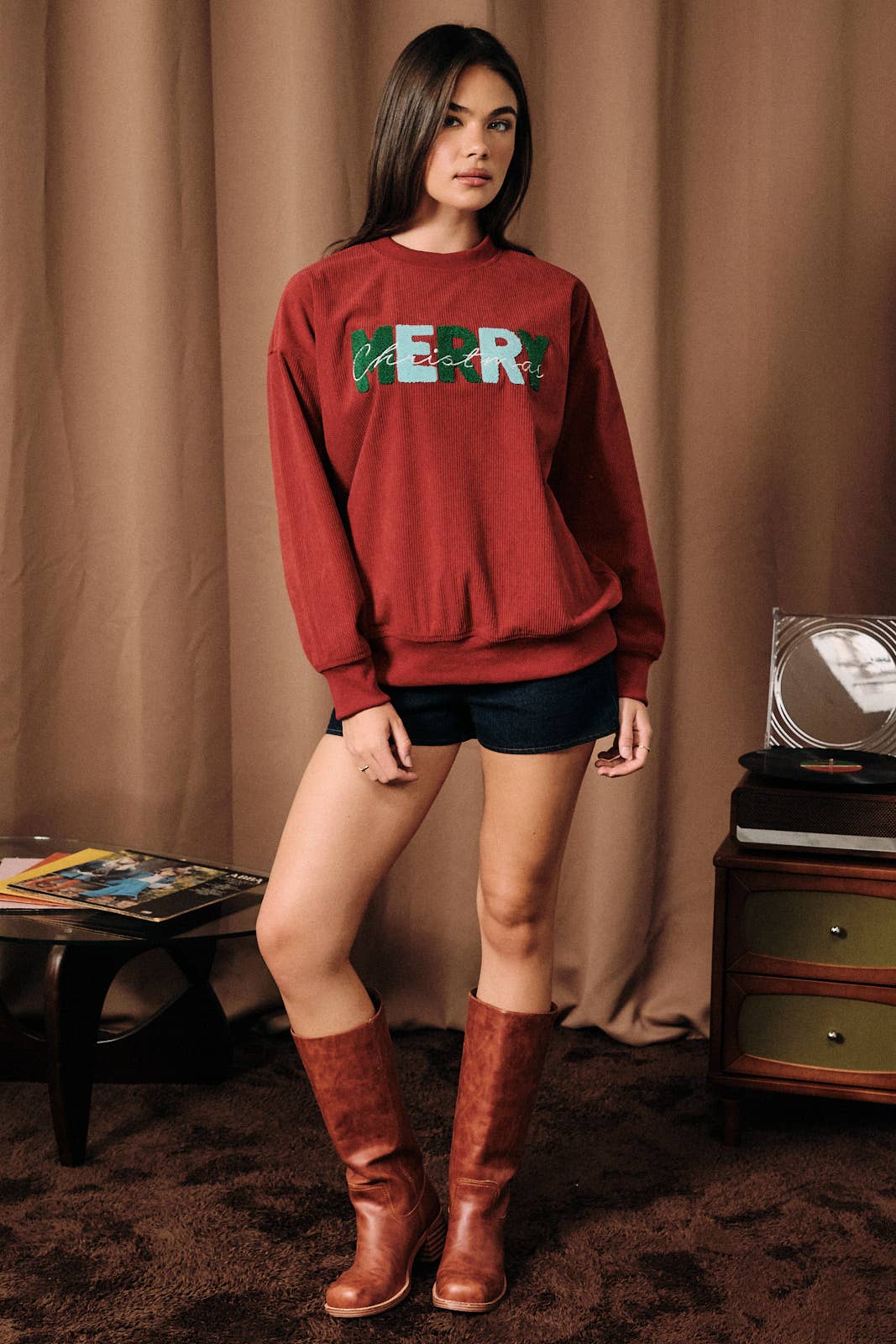 Merry Christmas Corduroy Long Sleeve Pullover Sweater: Red / S