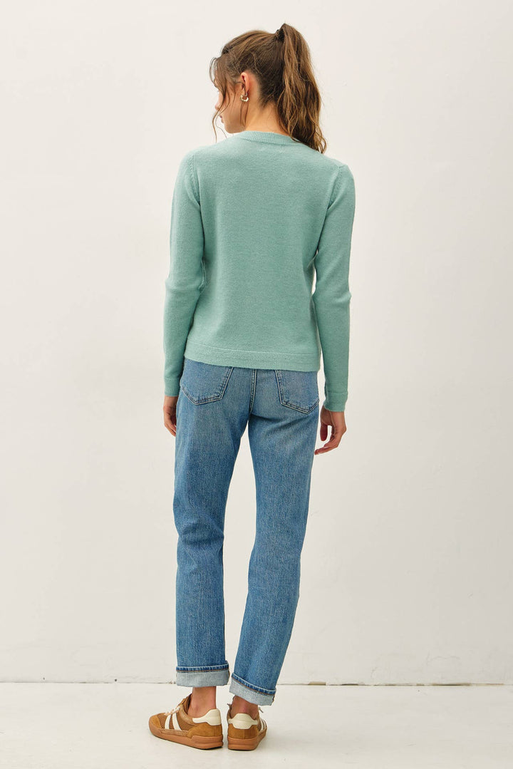 WOOL TOUCH CUFF POINTED V-NECK SWEATER: DUSTY BLUE / L