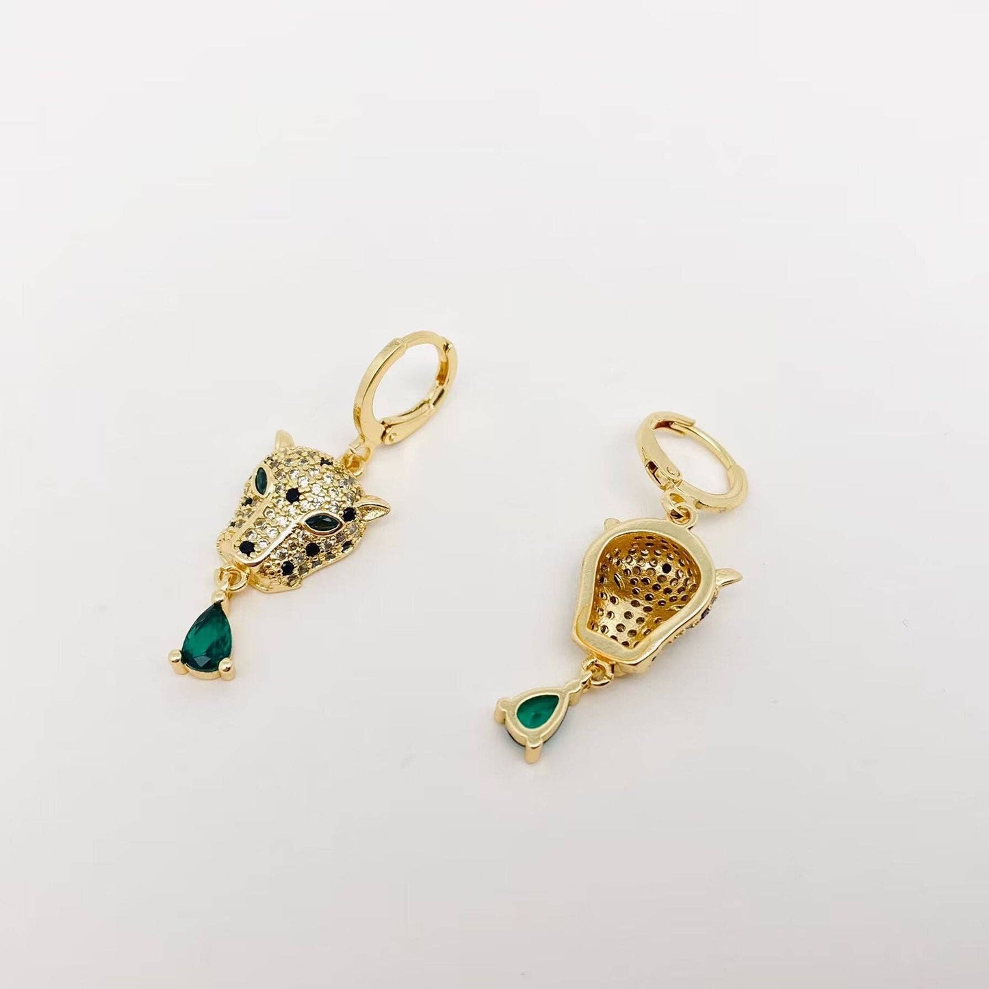 Gold Leopard & Enerald Earrings