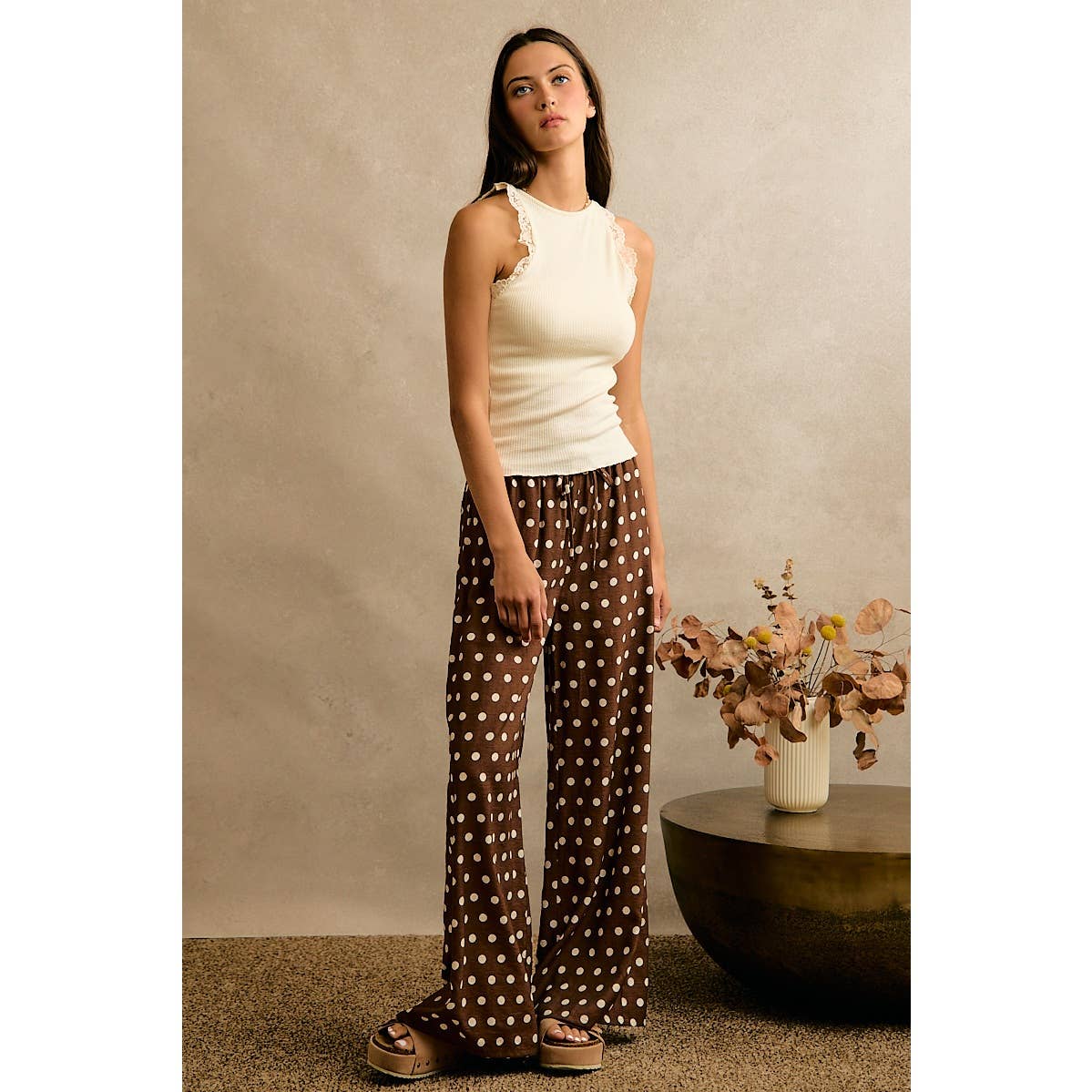 POLKA DOT WAIST ELASTIC WIDE PANTS: BROWN/WHITE / S