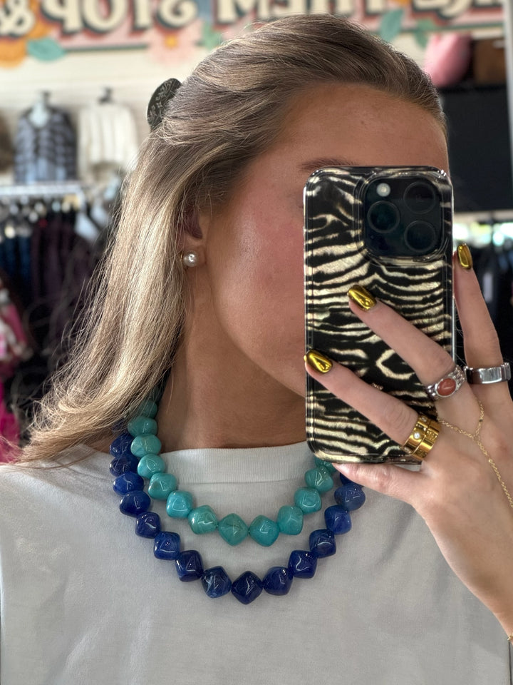 Turquoise Marbled Cube Beaded Necklace