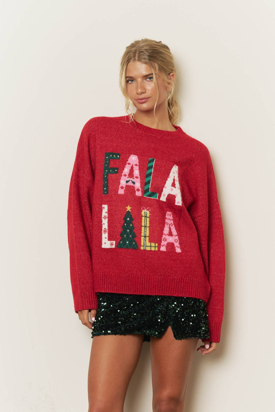 FA LA LA CHRISTMAS CREW NECK SWEATER: RED