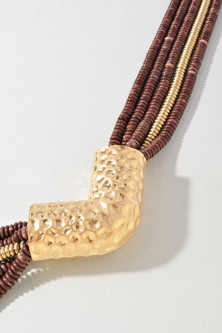 Dark Brown Metal Bead Pendant Multi Strand Necklace