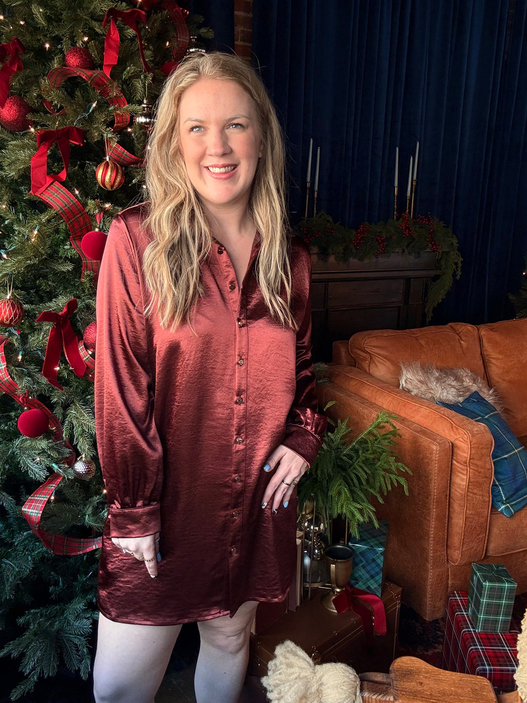Midnight Merlot Satin Shirt Dress