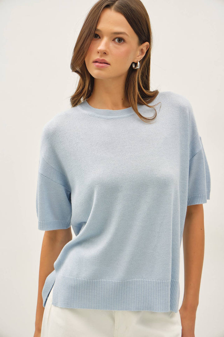 WOOL BLENED BOXY FIT SHORT SLEEVE SWEATER TOP : OATMEAL / L