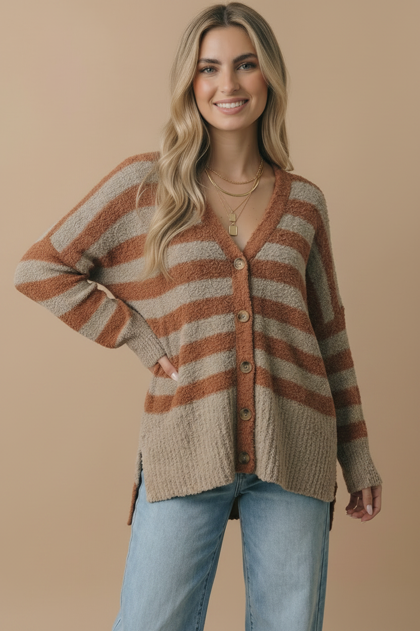 V Neck Stripe Popcorn Oversized Fit Cardigan: BROWN/SLATE BLUE / M