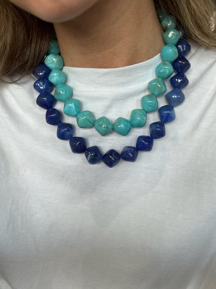 Turquoise Marbled Cube Beaded Necklace