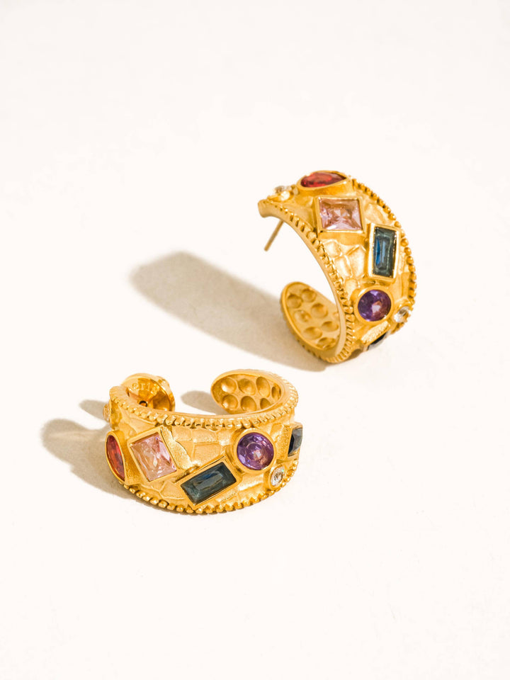 Delmare 18K Gold Non-Tarnish Vintage Gemstone Hoop Earrings