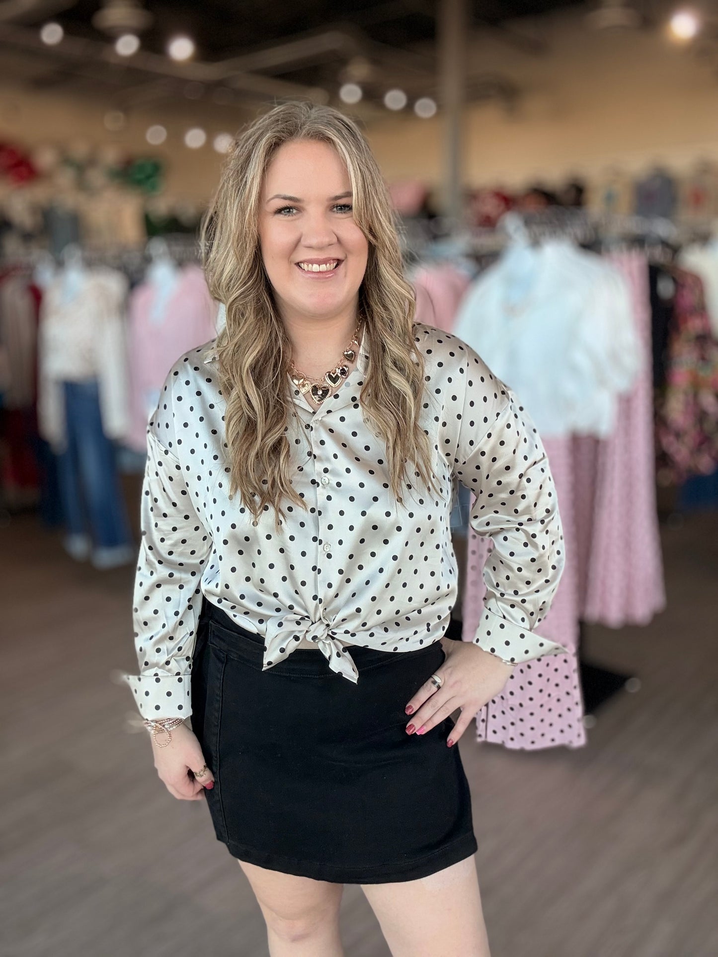 Cream Satin Polka Dot Blouse