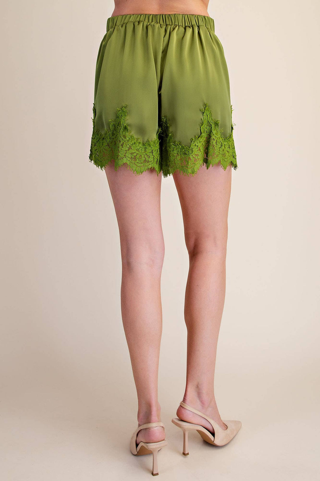 Olive Crush Satin Lace Shorts