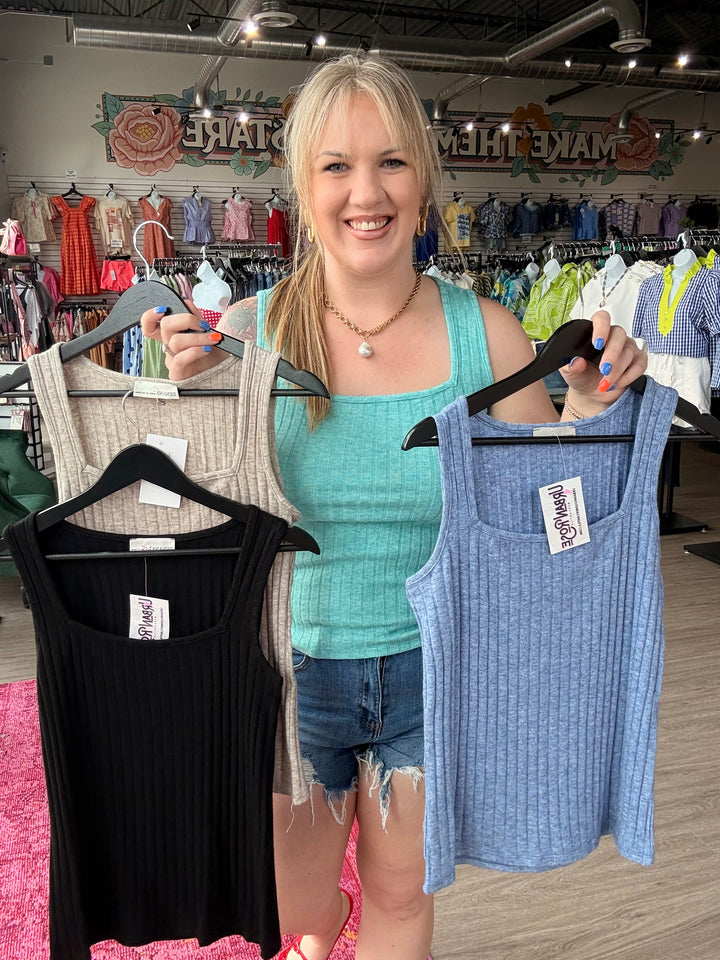 Ribbed Square Neck Tank (4 colors)