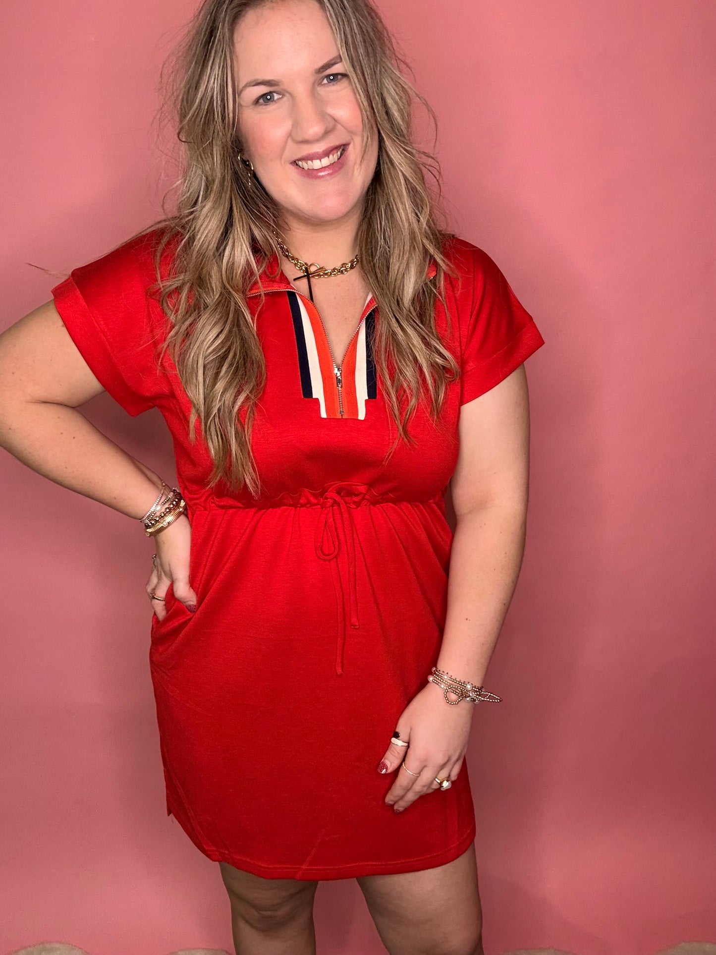 Red Scuba Cinched Tie Waist Dress