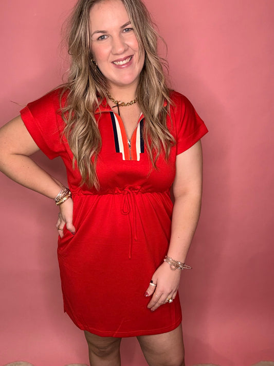 Red Scuba Cinched Tie Waist Dress