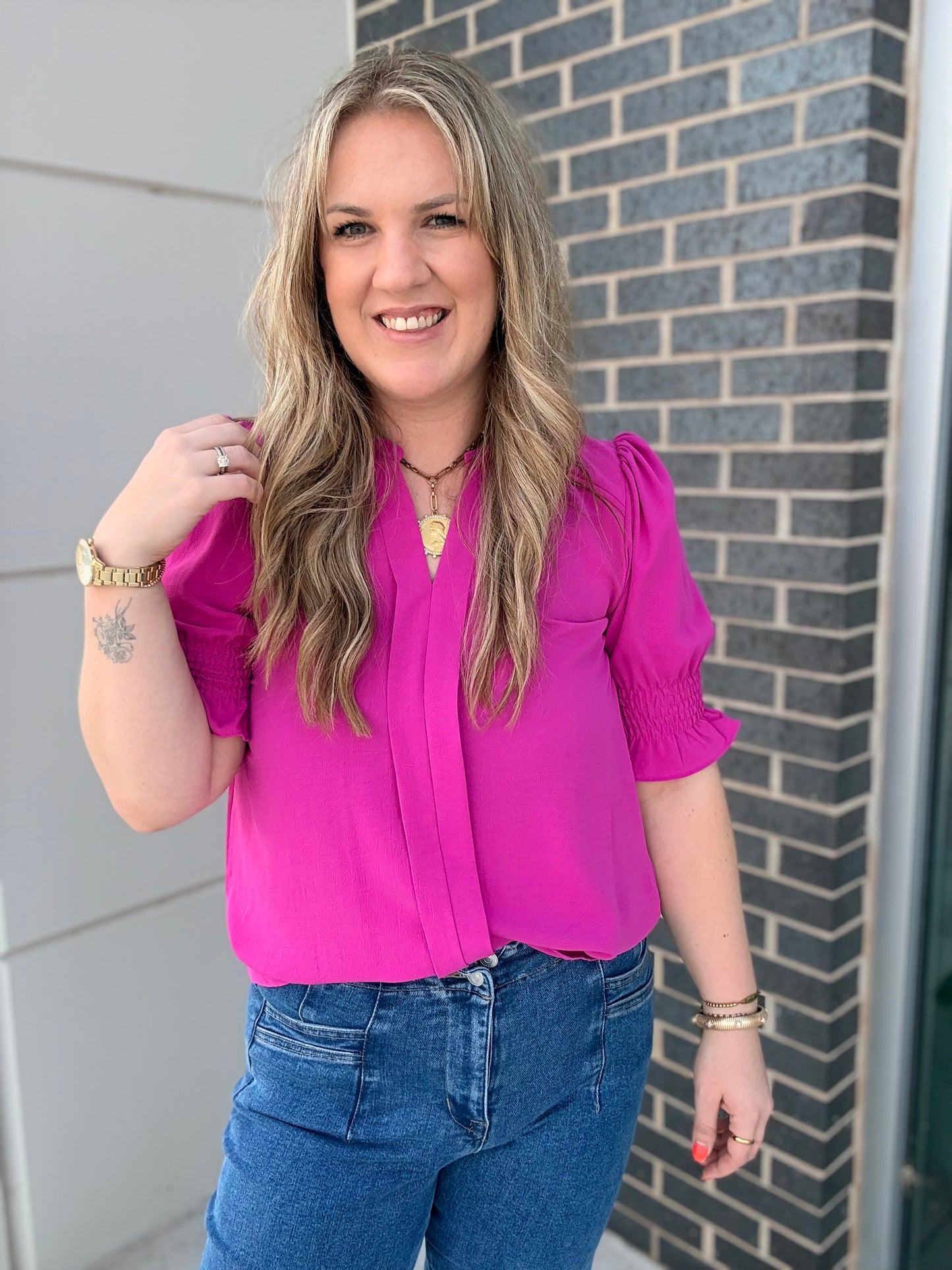 Magenta Smocked Sleeve Blouse