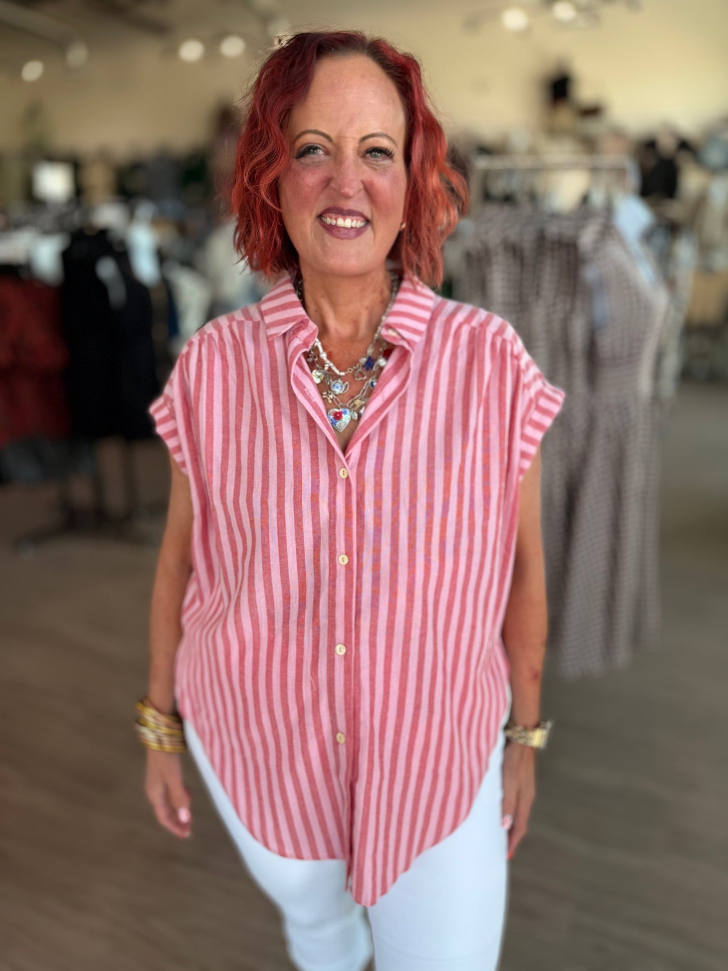 Cherry Red Stripe Button Top - ES