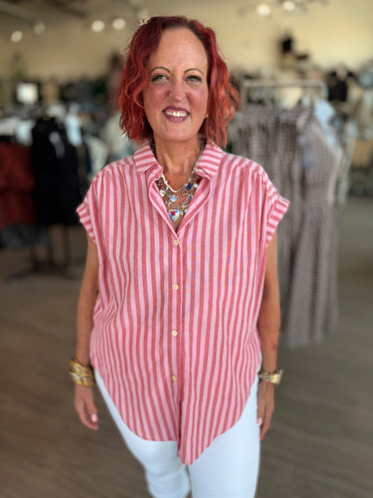 Cherry Red Stripe Button Top - ES
