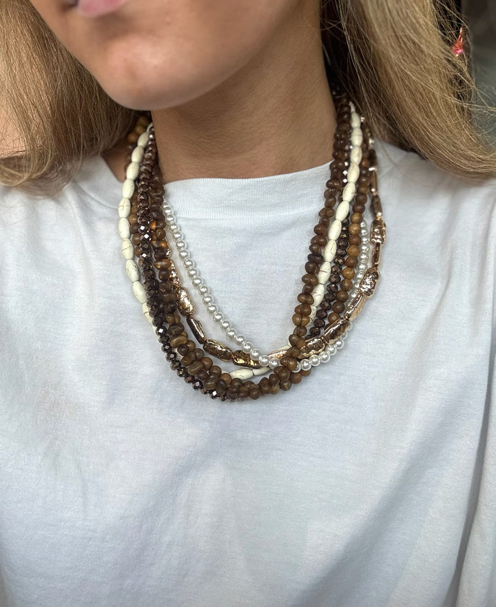 Brown Mixed Beaded Multi Strand Necklace