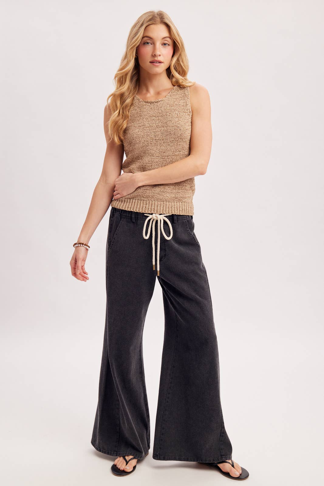 Black Washed Mid-Rise Flare Knit Pants