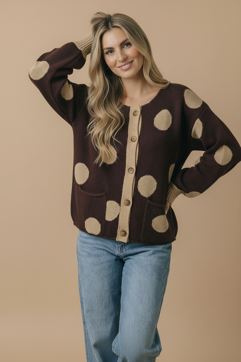 Button Down Polka Dot Jacquard Cardigan: BRUNETTE / S