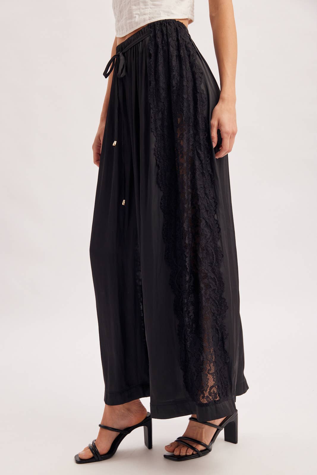 Boho Lace Trim Satin Wide Pants