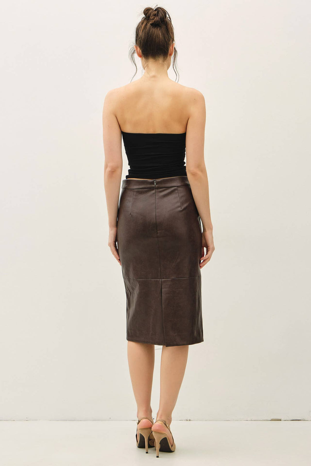 FAUX LEATHER KNEE LENGTH PENCIL SKIRT : Brown / L