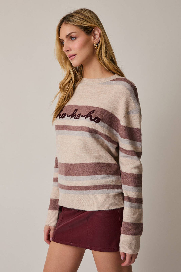 CREW NECK LONG SLEEVE "HOHOHO" STRIPE SWEATER: MAUVE-MULTI STRIPE / M