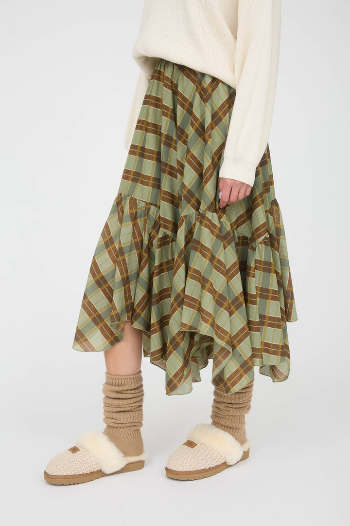 PLAID RUFFLE HANDKERCHIEF HEM MIDI SKIRT: GREEN MULTI