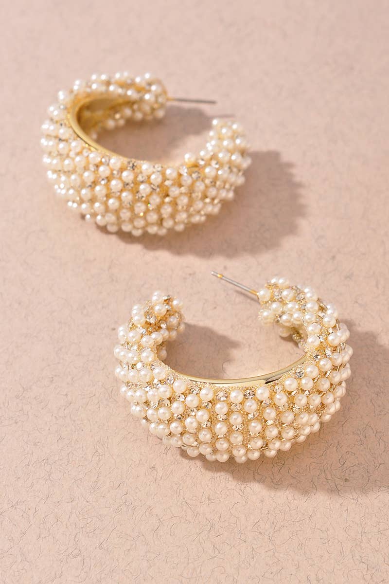 Pearl and Rhinestone Embellished Hoop Earrings