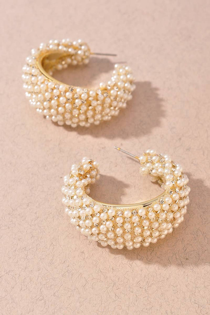 Pearl and Rhinestone Embellished Hoop Earrings