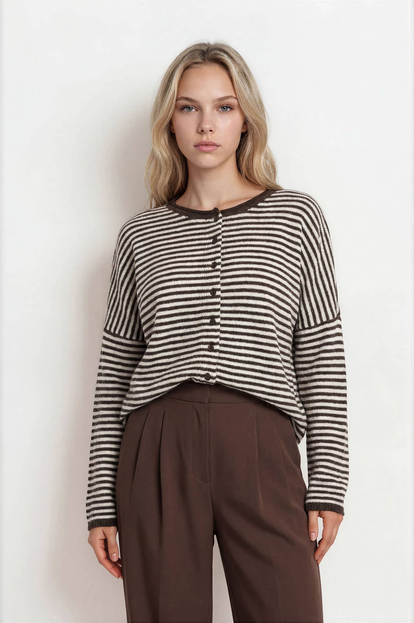 STRIPE RAW EDGE DROP SHOULDER KNIT CARDIGAN : BURGUNDY