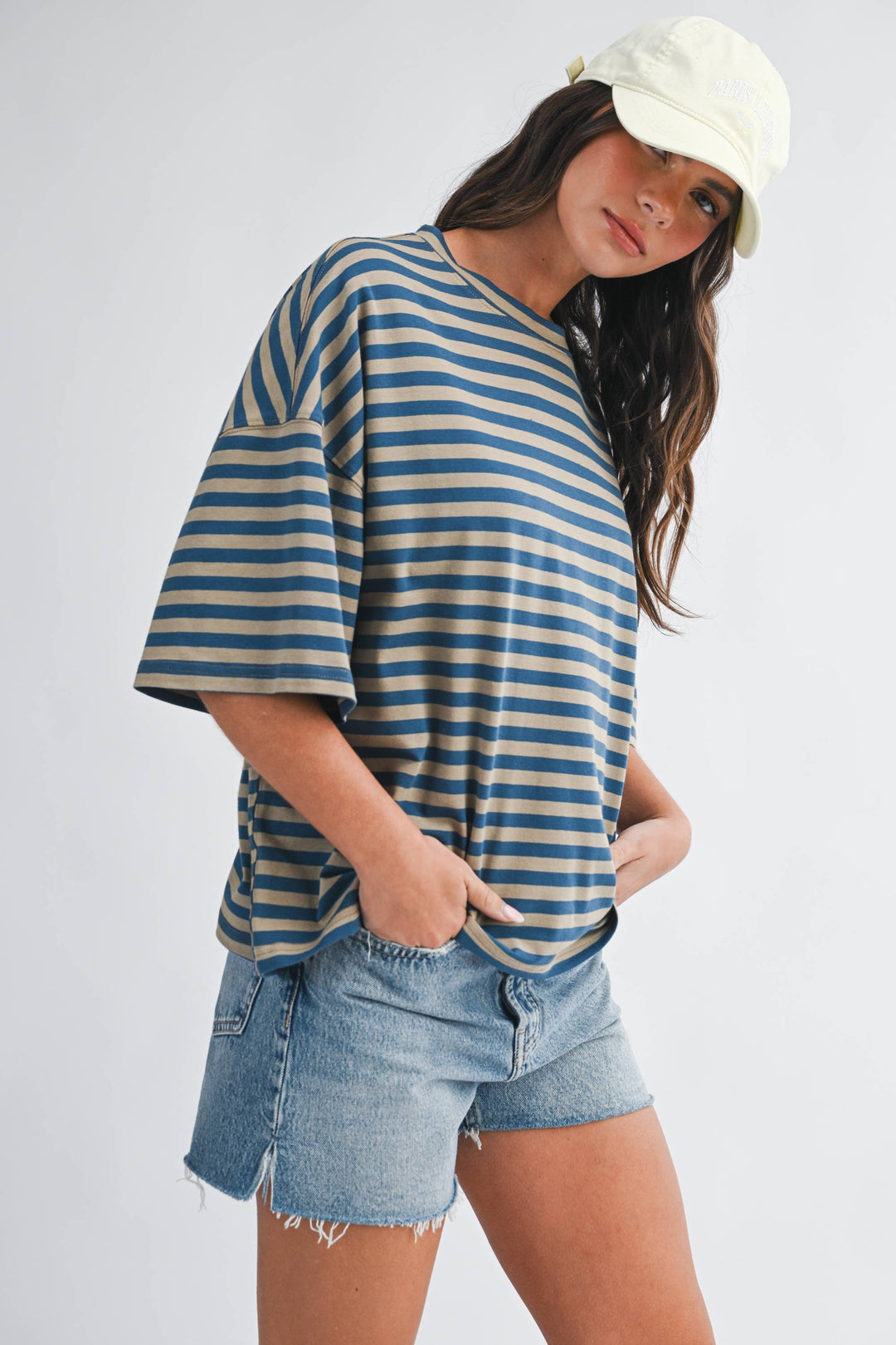 Tan/Blue Oversized Stripe Boyfriend Tee