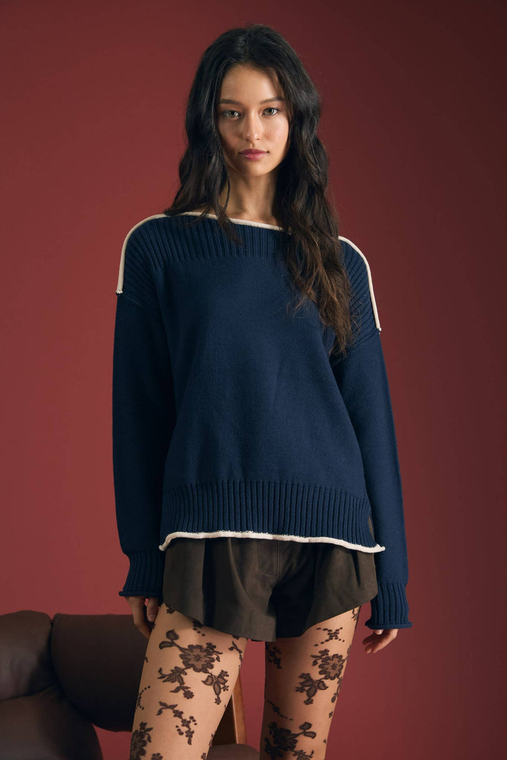 CONTRAST TRIM BOAT NECK RIBBED DETAIL KNIT SWEATER : MOCHA