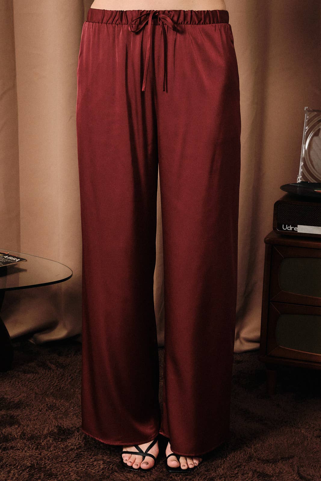 High Waist Drawstring Satin Wide Leg Pants: Burgundy / L
